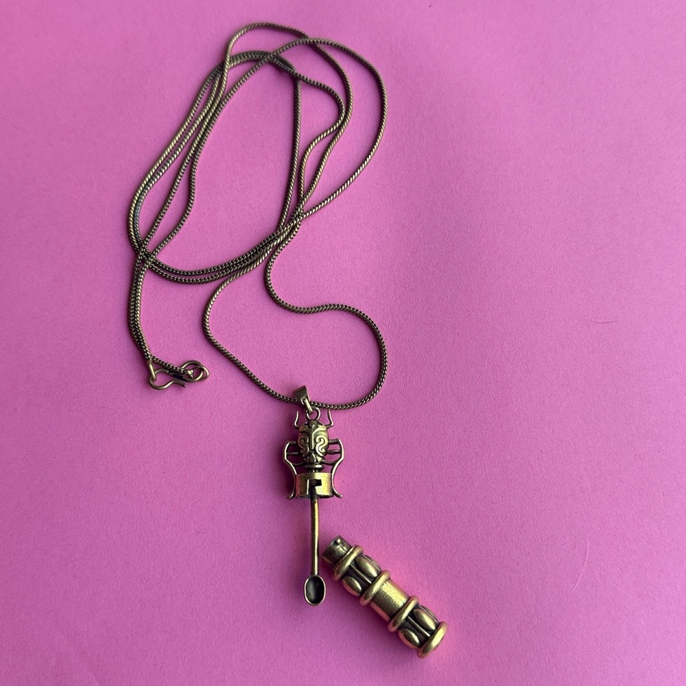 Brass Secret Mini Vial Pendant Necklace With Hidden Spoon, Snuff/medicine/stash